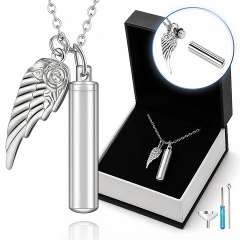 Premium Silver Angel Wing & Cylinder Keepsake Necklace