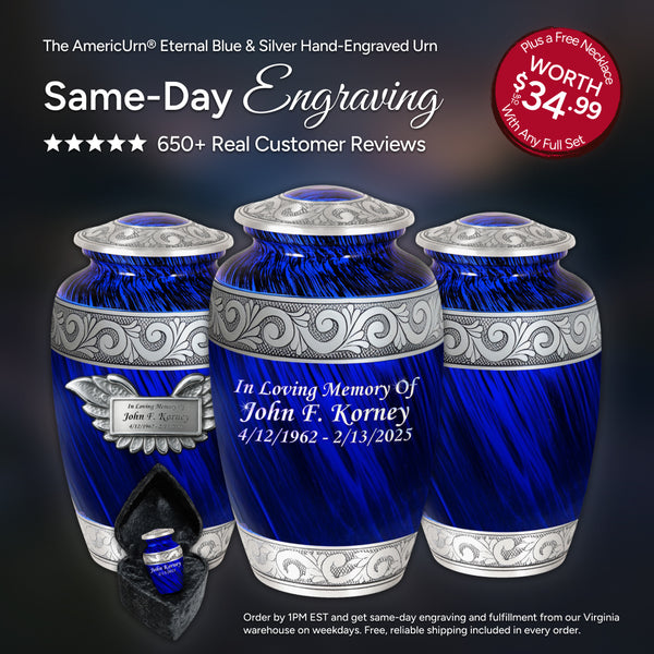 Eternal Blue & Silver Hand-Engraved Urn
