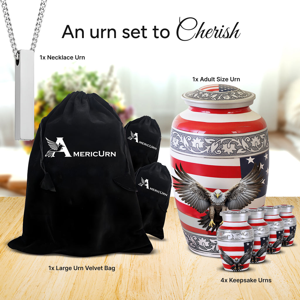 American Flag & Silver Engraved Urn