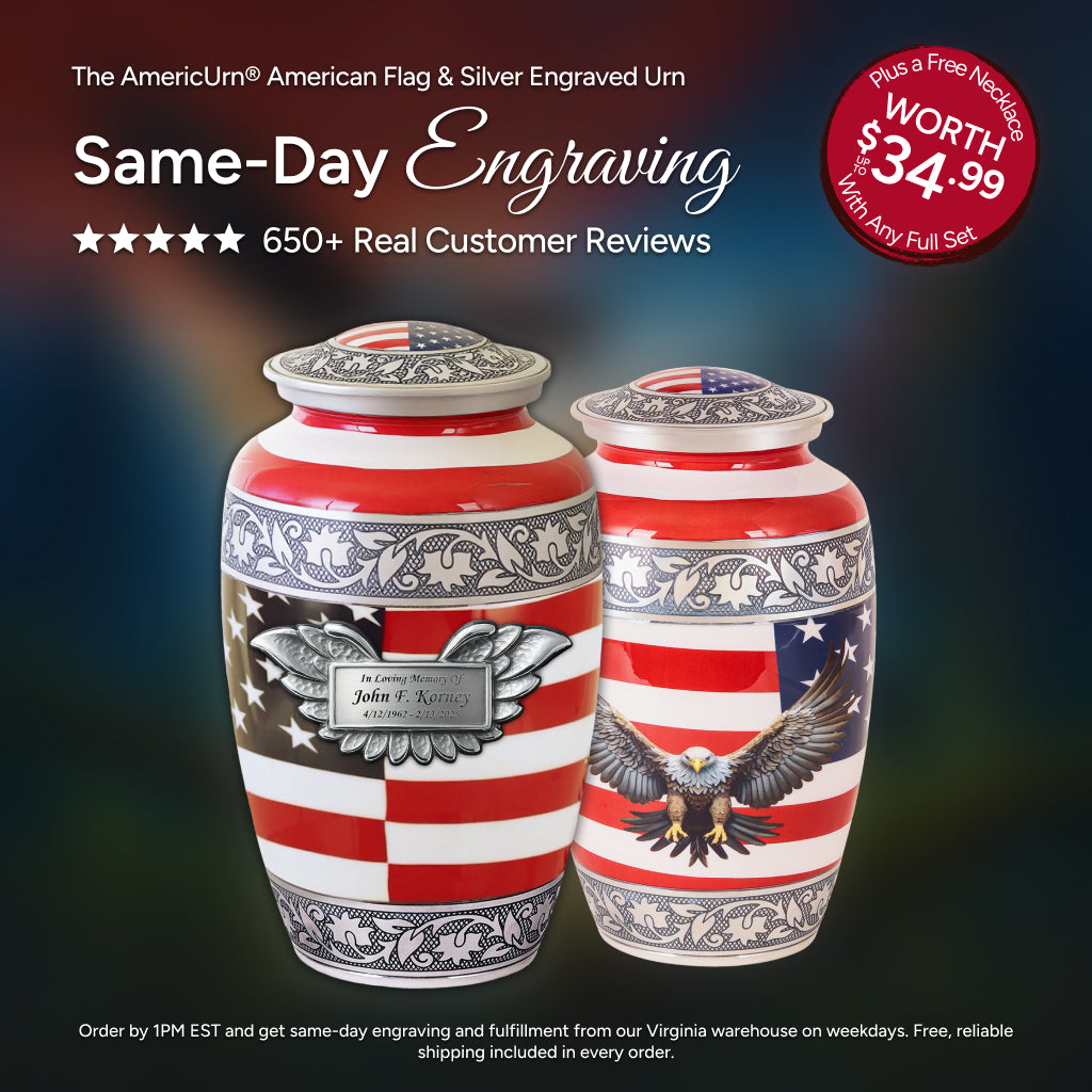 American Flag & Silver Engraved Cremation Urn