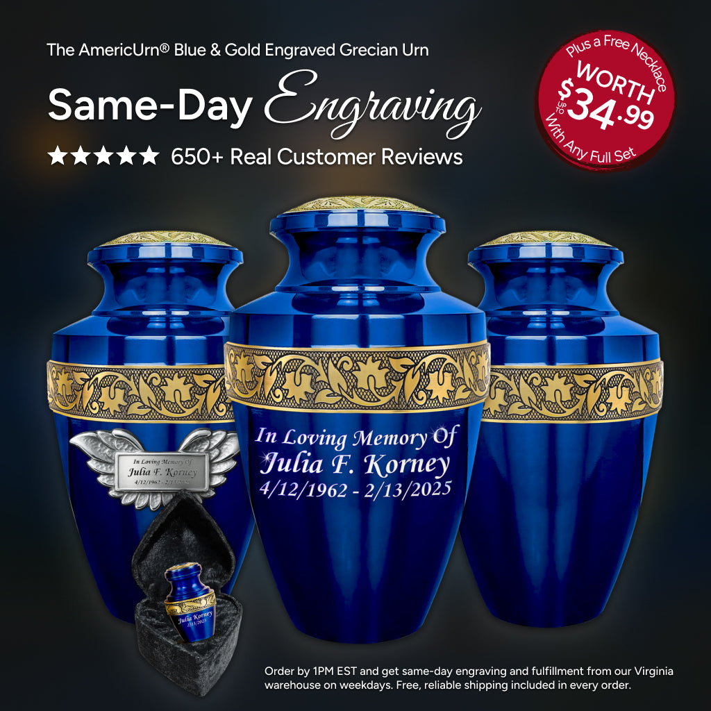 Blue & Gold Engraved Grecian Cremation Urn