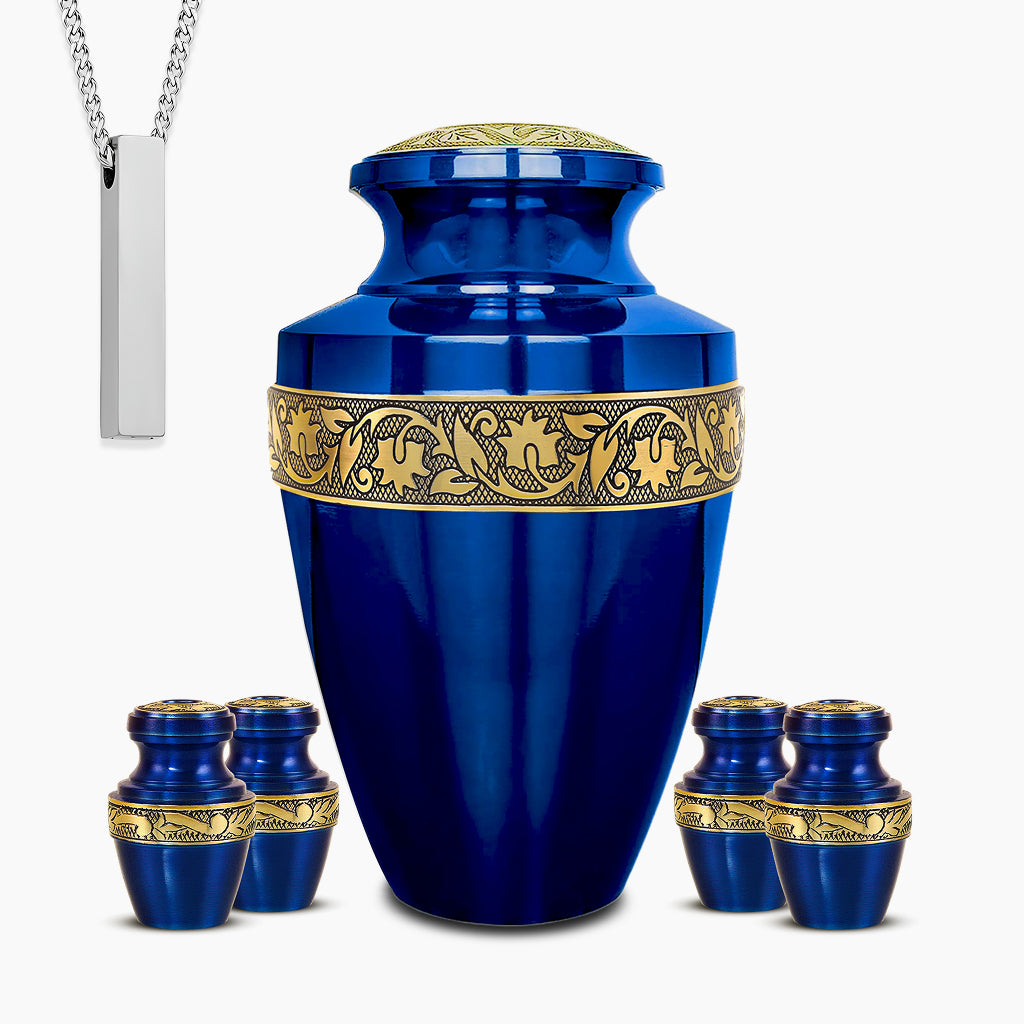 Blue & Gold Engraved Grecian Cremation Urn