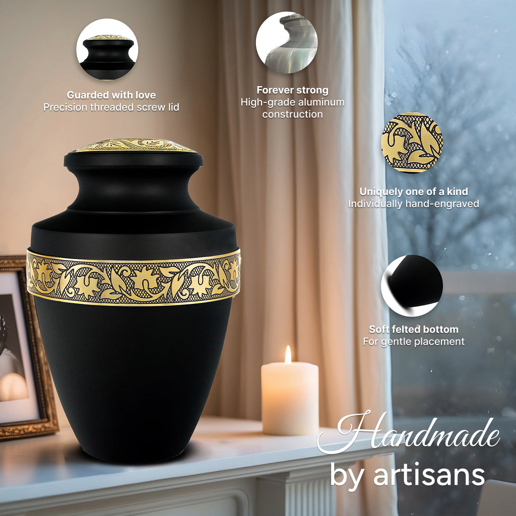 Black & Gold Engraved Grecian Cremation Urn