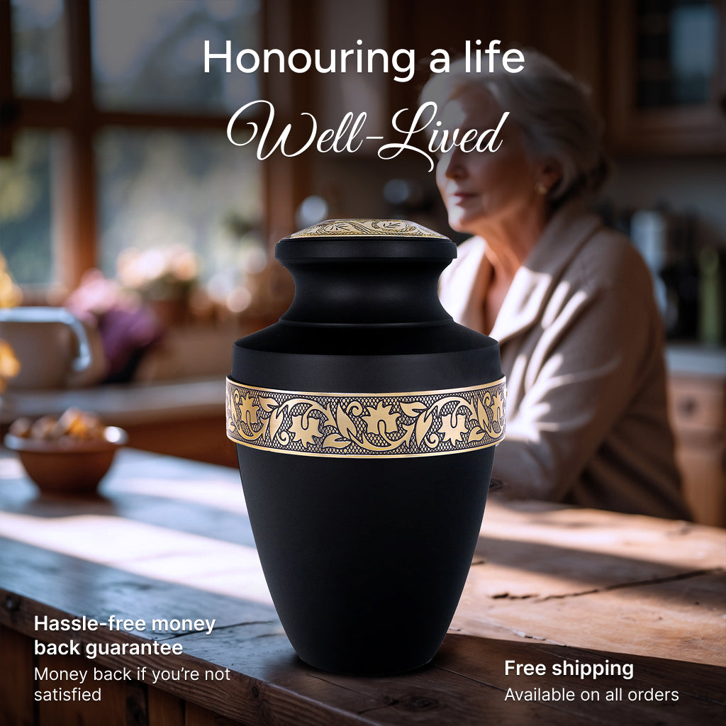 Black & Gold Engraved Grecian Cremation Urn