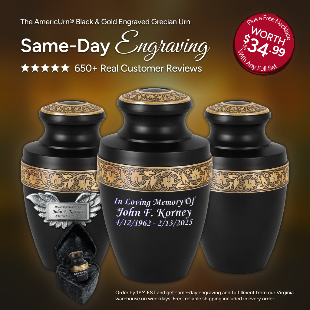 Black & Gold Engraved Grecian Cremation Urn
