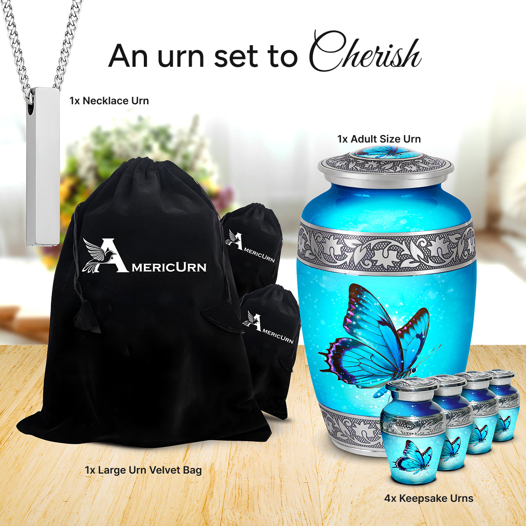Blue Butterfly & Silver Engraved Urn