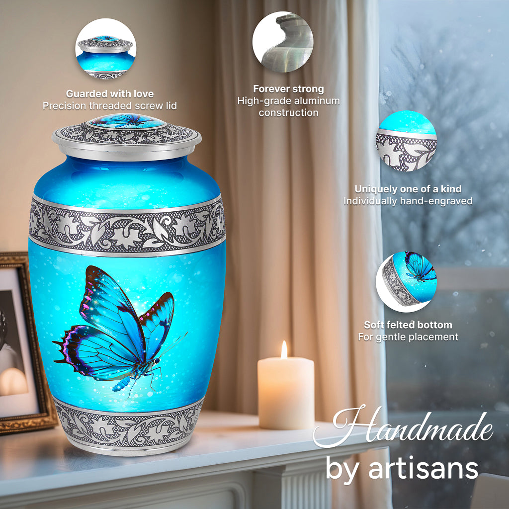 Blue Butterfly & Silver Engraved Urn