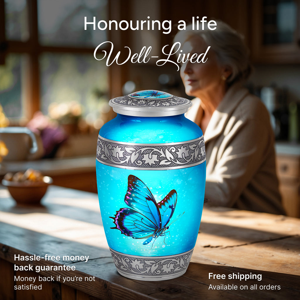 Blue Butterfly & Silver Engraved Urn