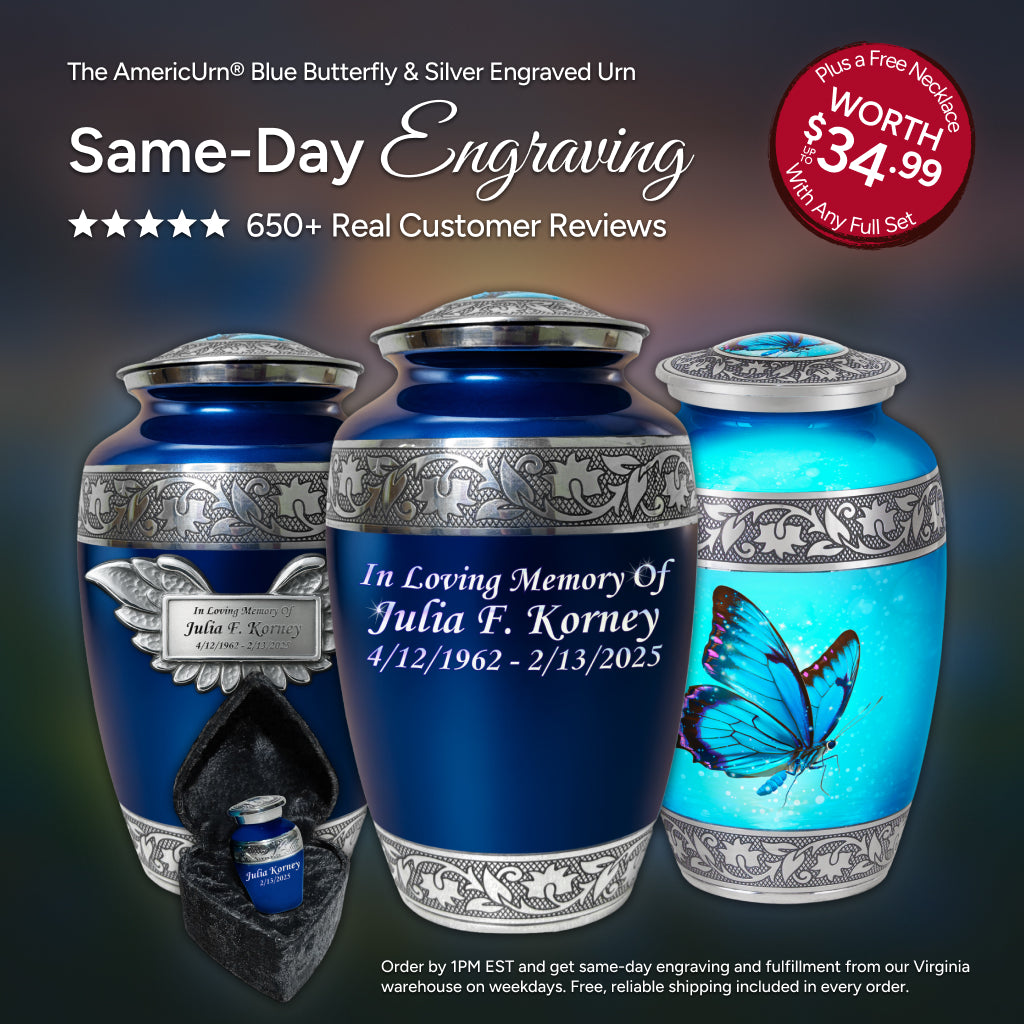 Blue Butterfly & Silver Engraved Cremation Urn