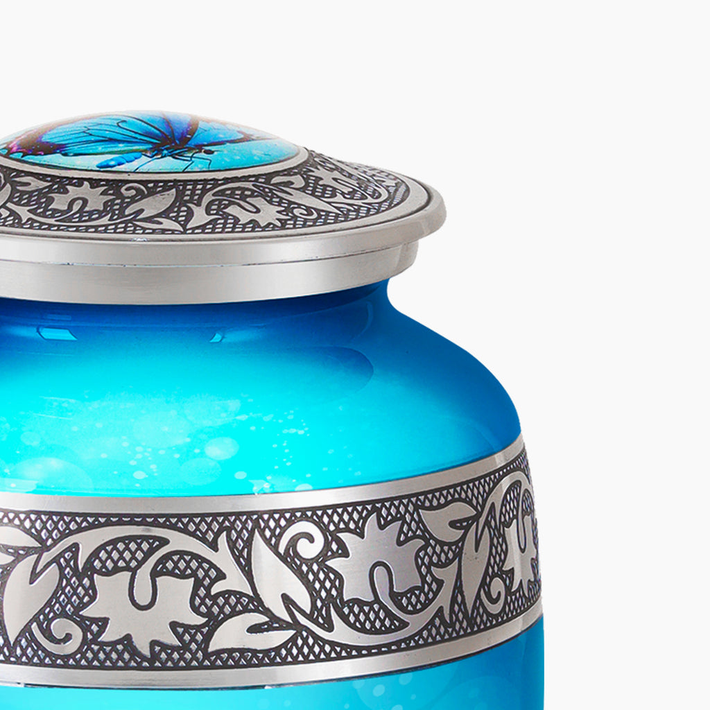 Blue Butterfly & Silver Engraved Urn