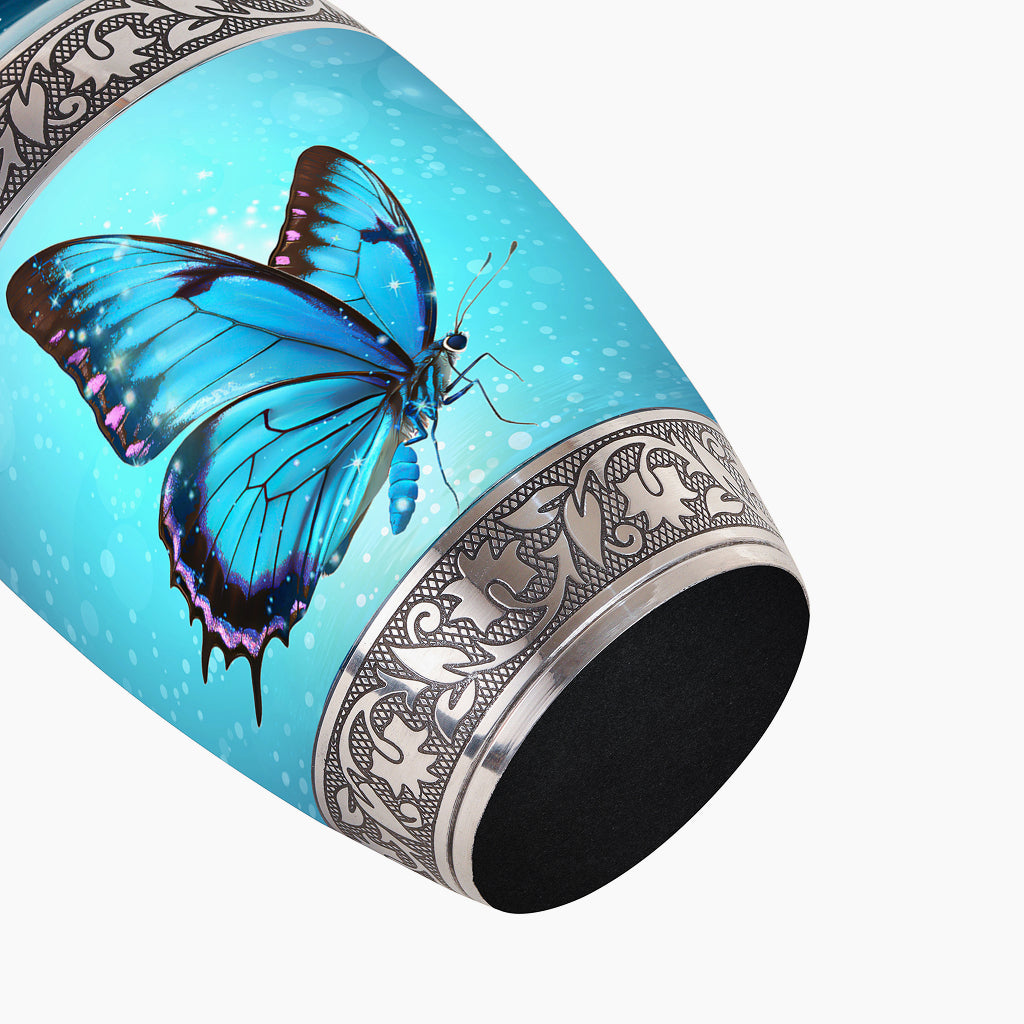 Blue Butterfly & Silver Engraved Urn
