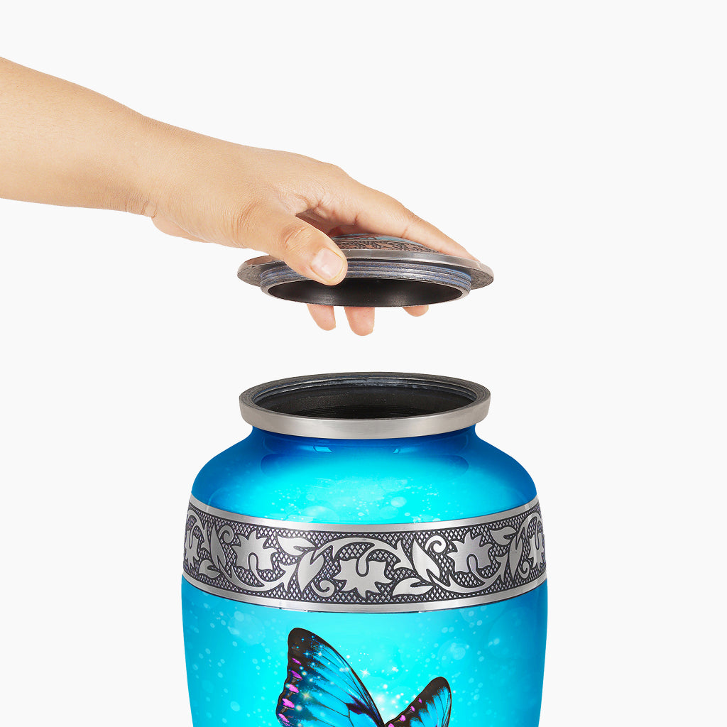 Blue Butterfly & Silver Engraved Urn