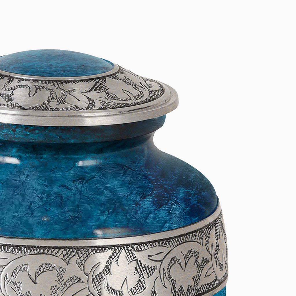 Blue Teal Marble & Silver Hand-Engraved Urn