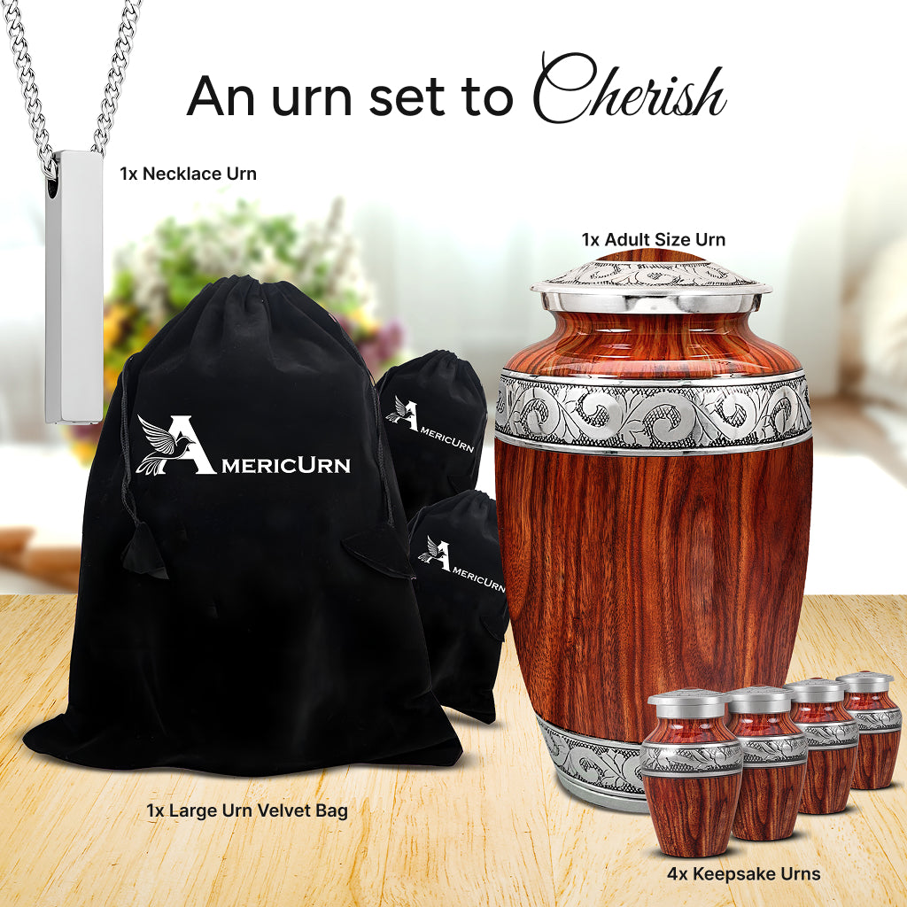 Printed Wood & Silver Hand-Engraved Urn