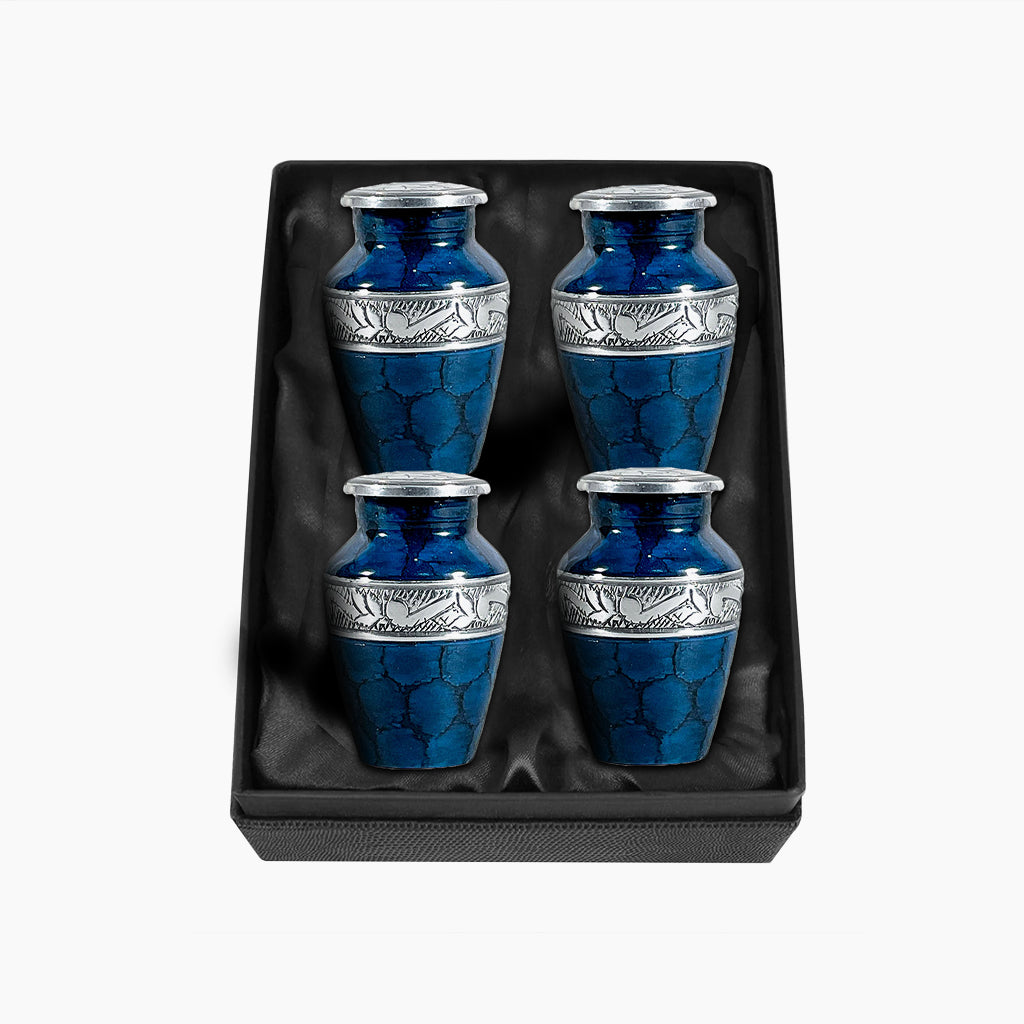 Blue Patch & Silver Engraved Cremation Urn