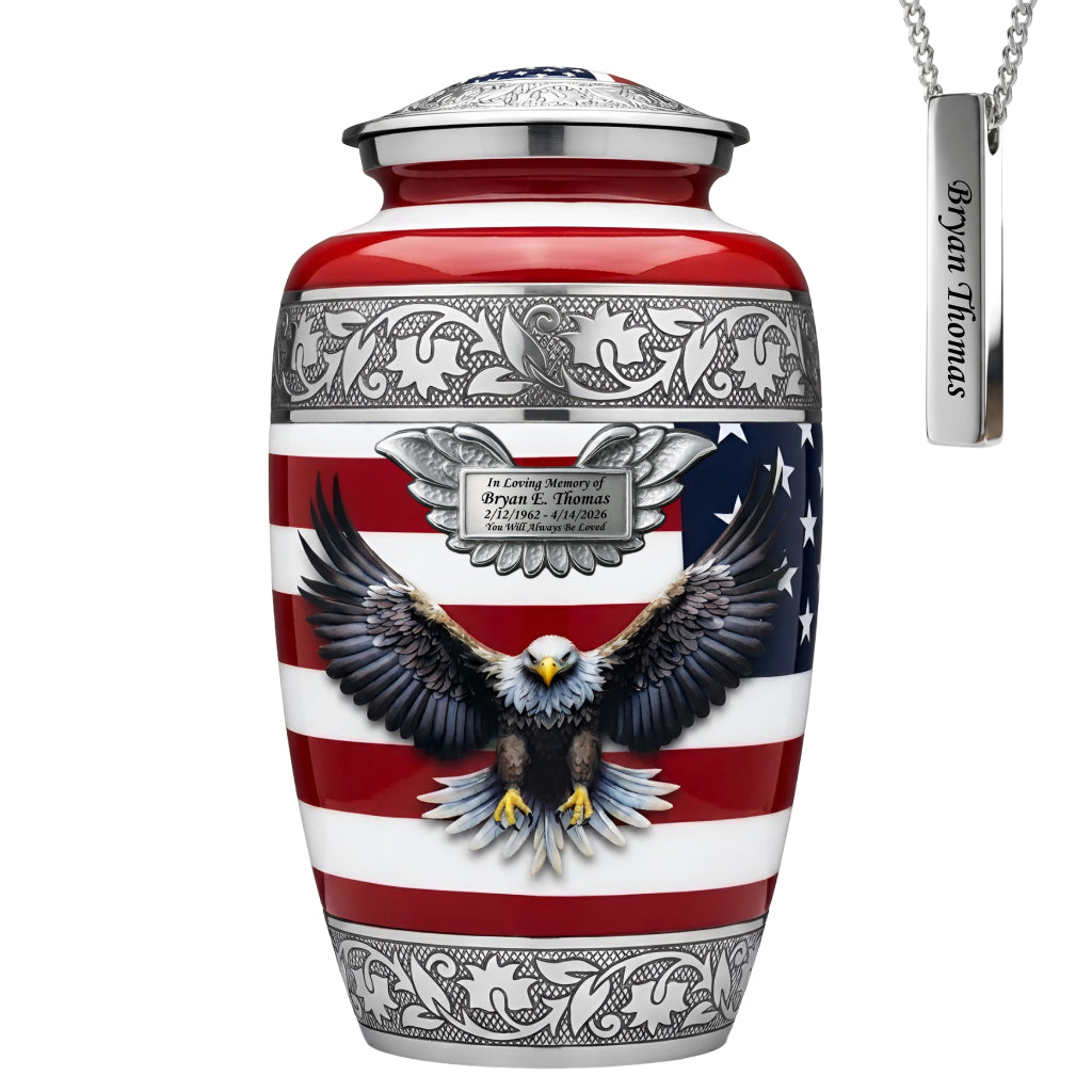 American Flag & Silver Engraved Cremation Urn