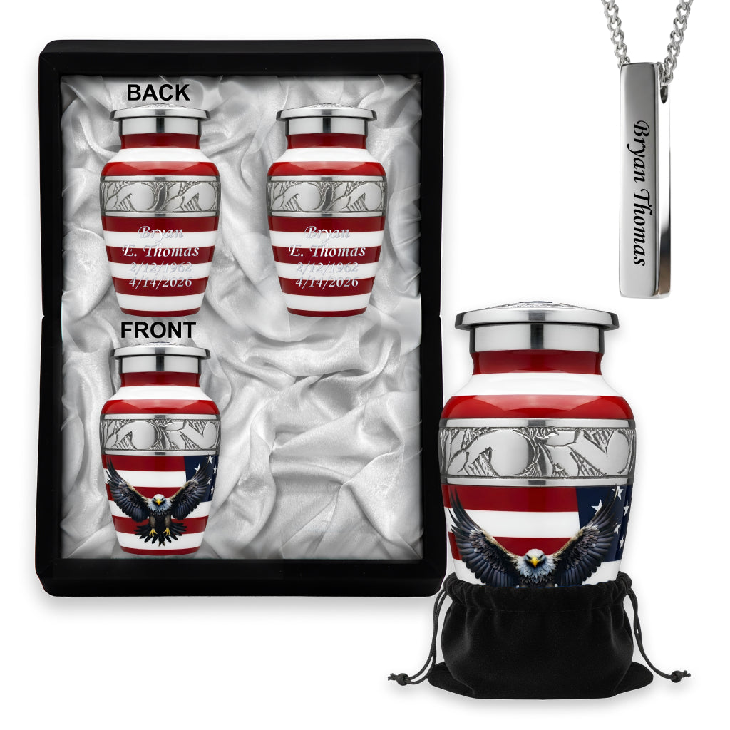 American Flag & Silver Engraved Cremation Urn