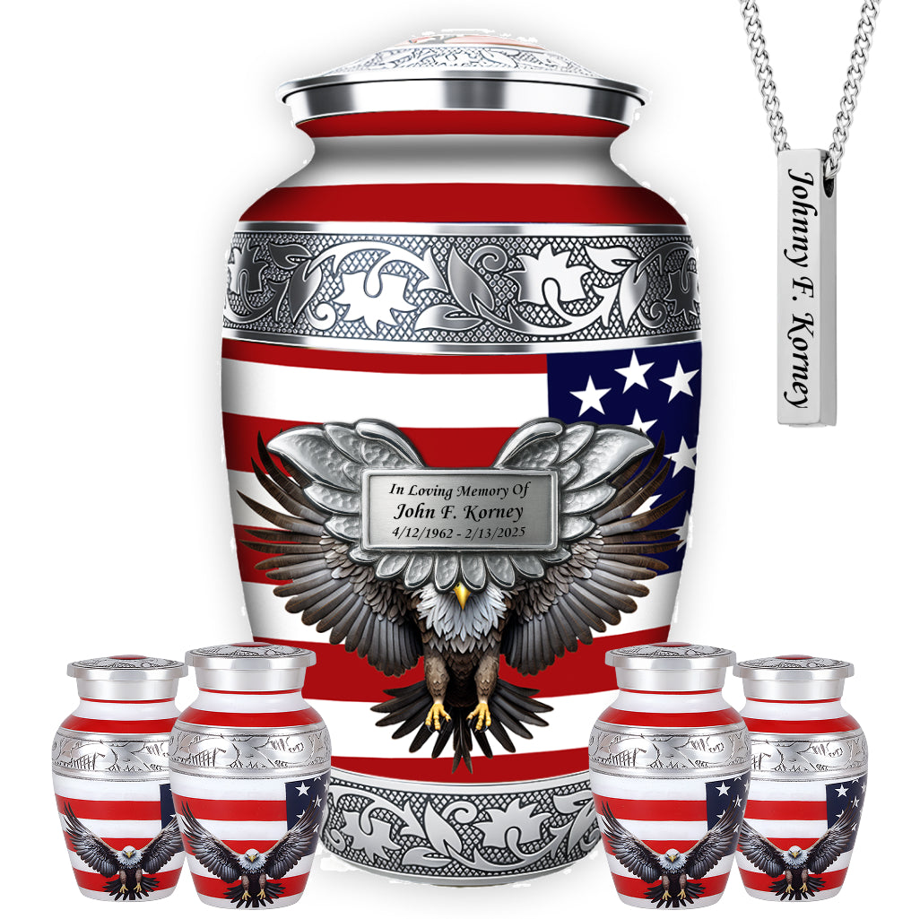 American Flag & Silver Engraved Cremation Urn