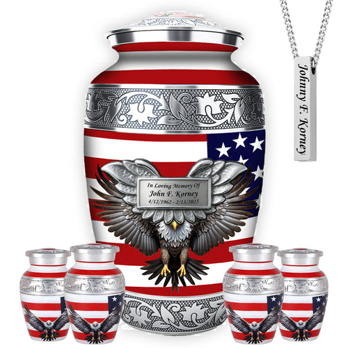 American Flag & Silver Engraved Cremation Urn