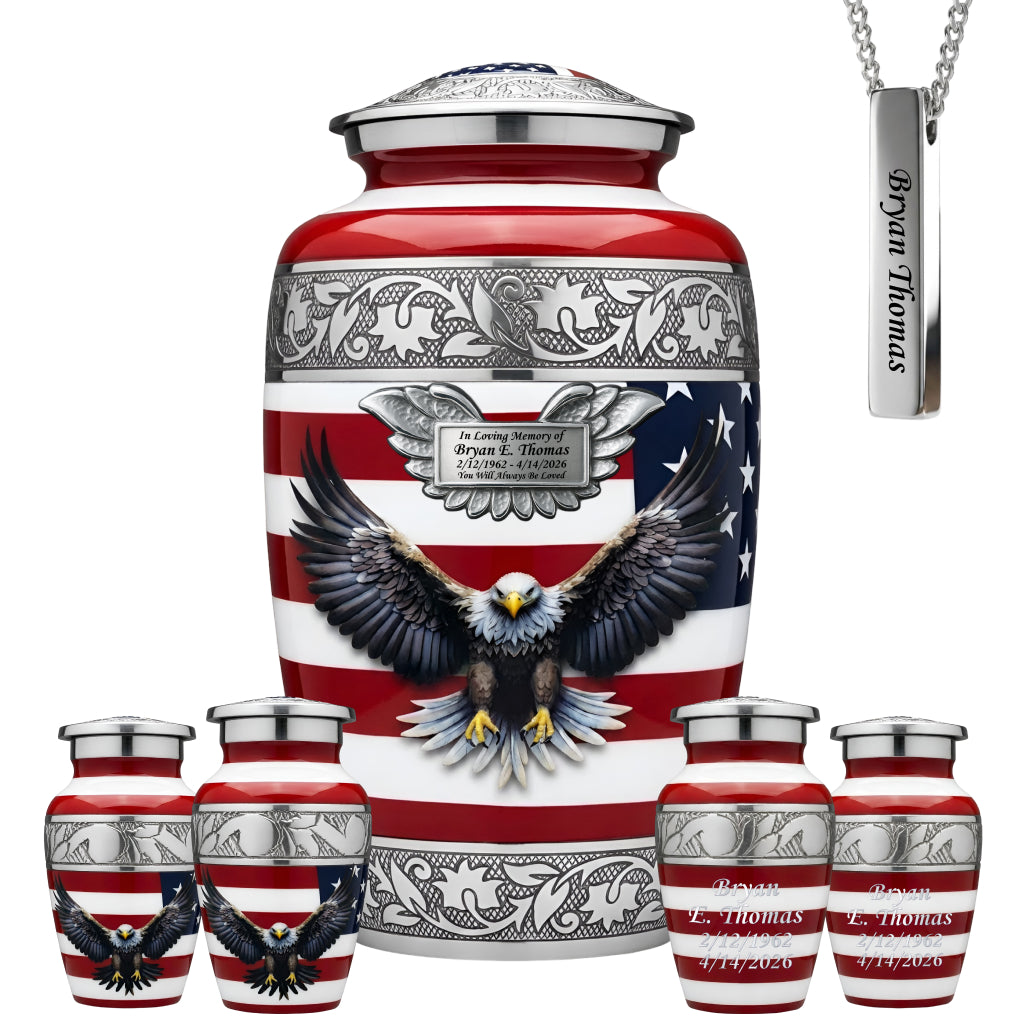 American Flag & Silver Engraved Cremation Urn