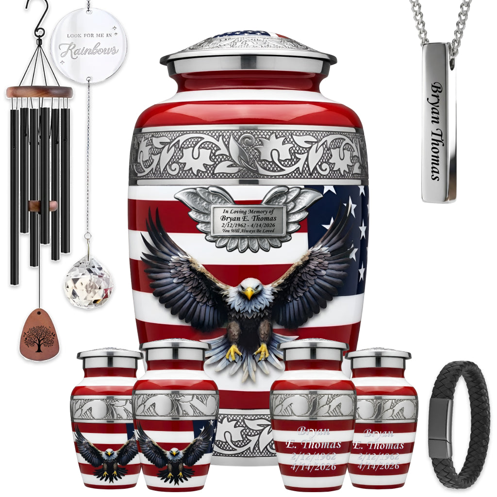 American Flag & Silver Engraved Cremation Urn