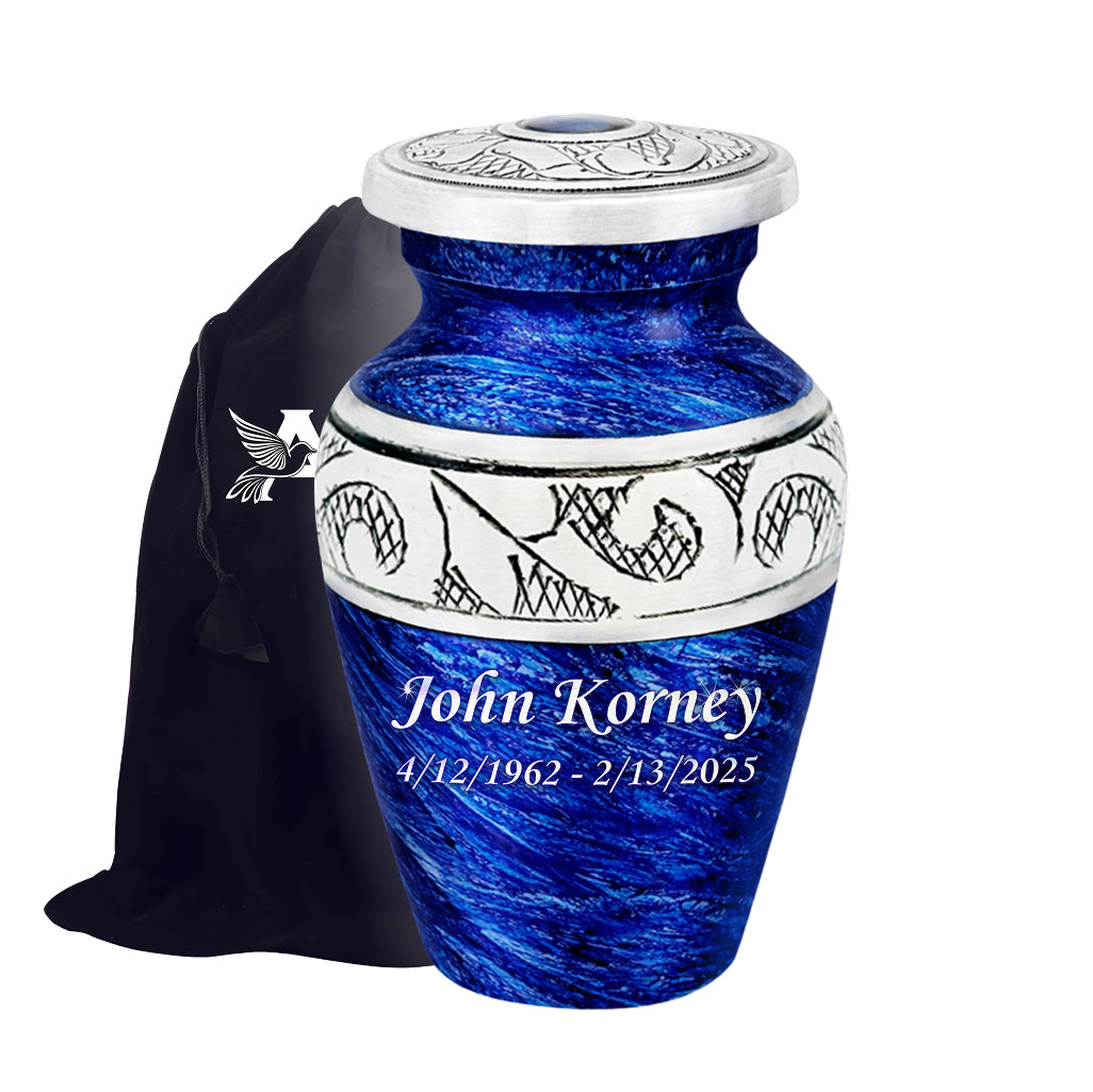 Eternal Blue & Silver Hand-Engraved Cremation Urn