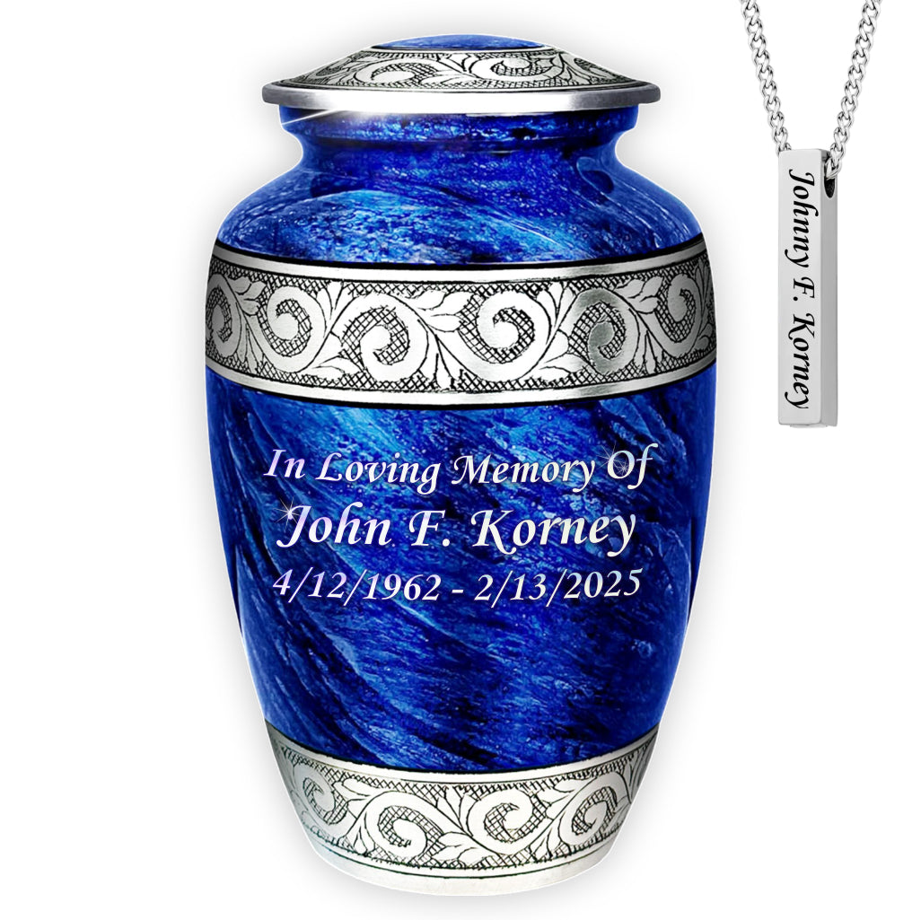 Eternal Blue & Silver Hand-Engraved Cremation Urn