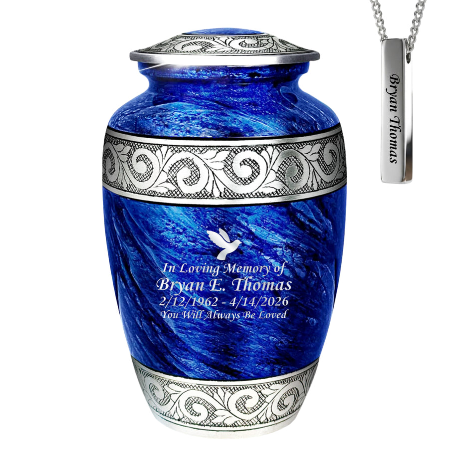 Eternal Blue & Silver Cremation Urn, Hand-Engraved Aluminum