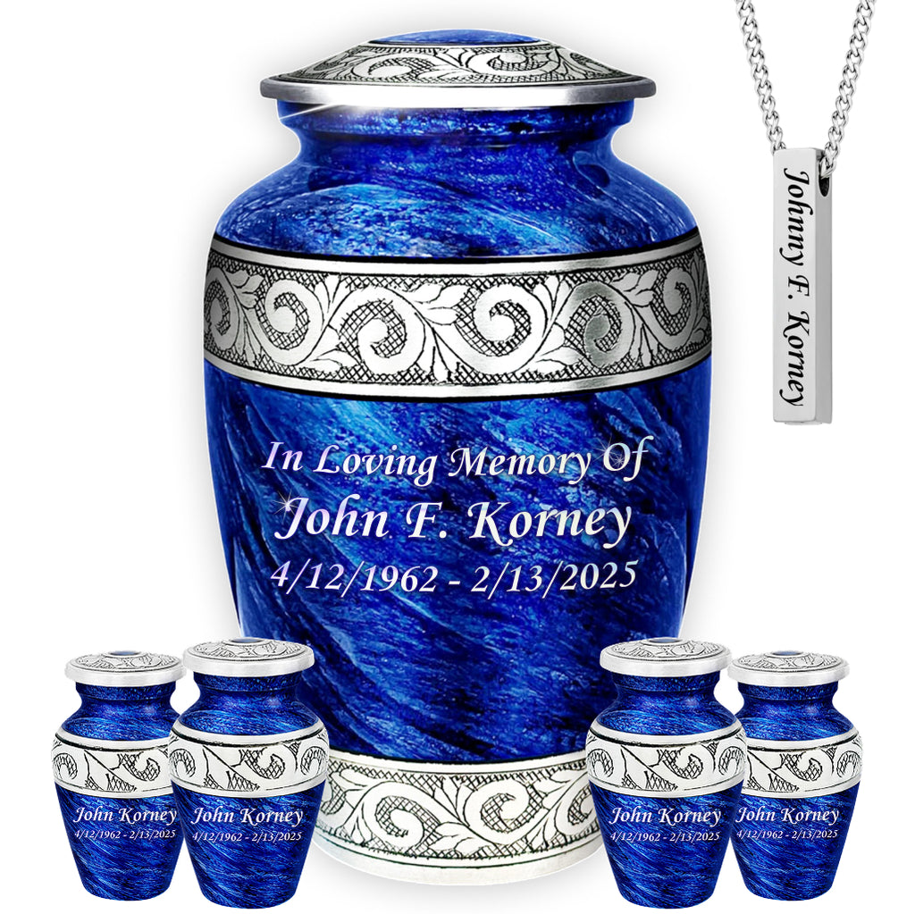 Eternal Blue & Silver Hand-Engraved Cremation Urn