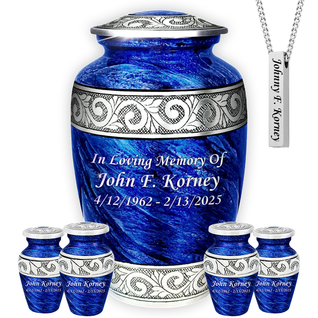 Eternal Blue & Silver Hand-Engraved Cremation Urn