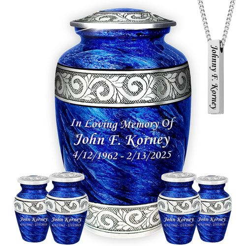 Eternal Blue & Silver Hand-Engraved Cremation Urn