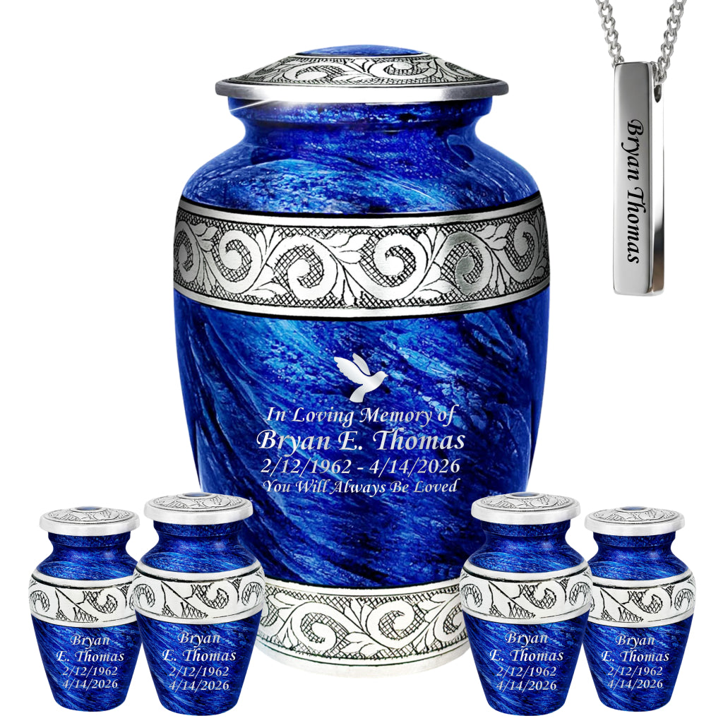 Eternal Blue & Silver Hand-Engraved Cremation Urn