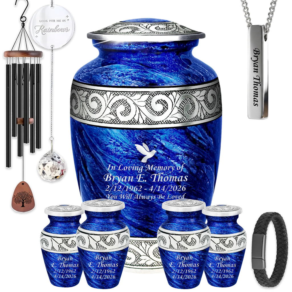 Eternal Blue & Silver Hand-Engraved Cremation Urn