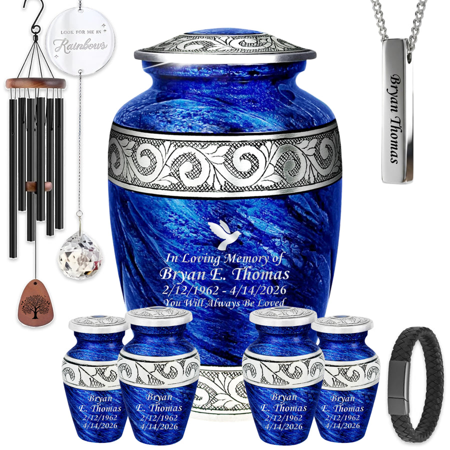 Eternal Blue & Silver Hand-Engraved Cremation Urn