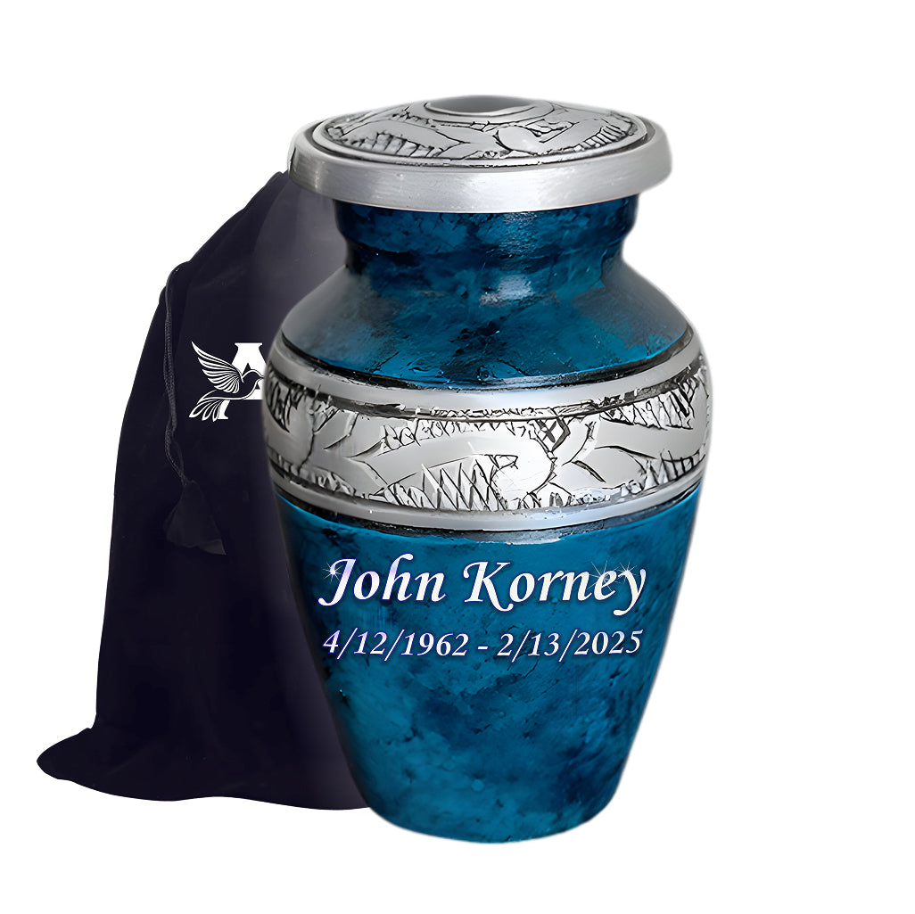Blue Teal Marble & Silver Hand-Engraved Cremation Urn