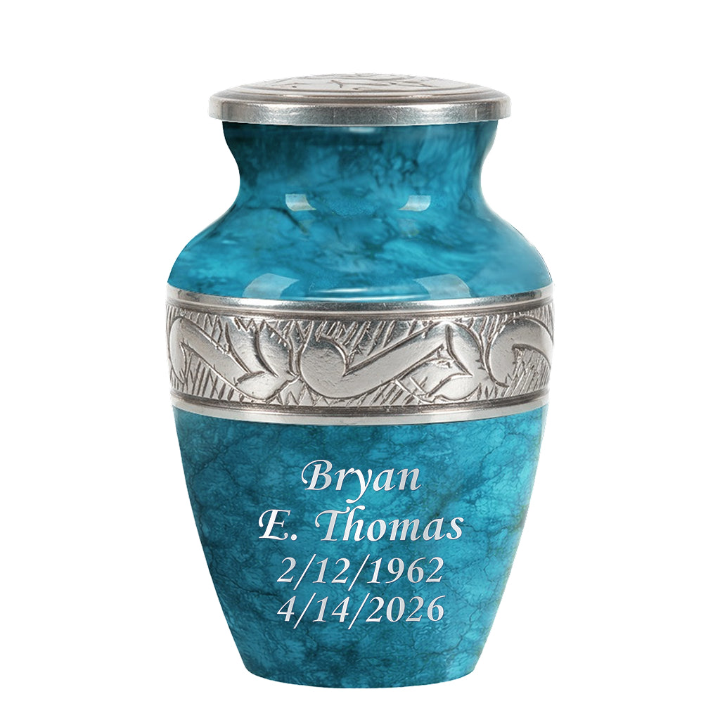 Blue Teal Marble & Silver Hand-Engraved Cremation Urn