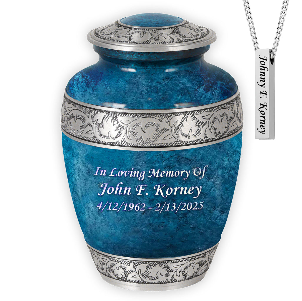 Blue Teal Marble & Silver Hand-Engraved Cremation Urn