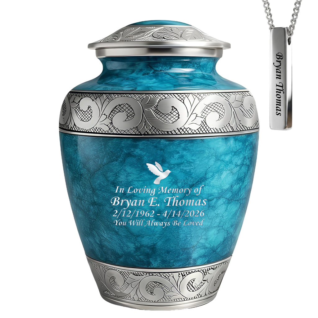 Blue Teal Marble & Silver Hand-Engraved Cremation Urn