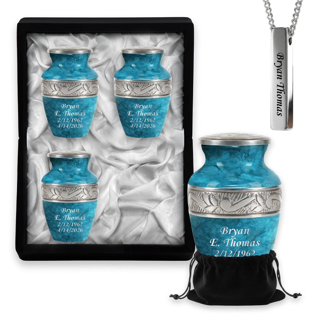 Blue Teal Marble & Silver Hand-Engraved Cremation Urn