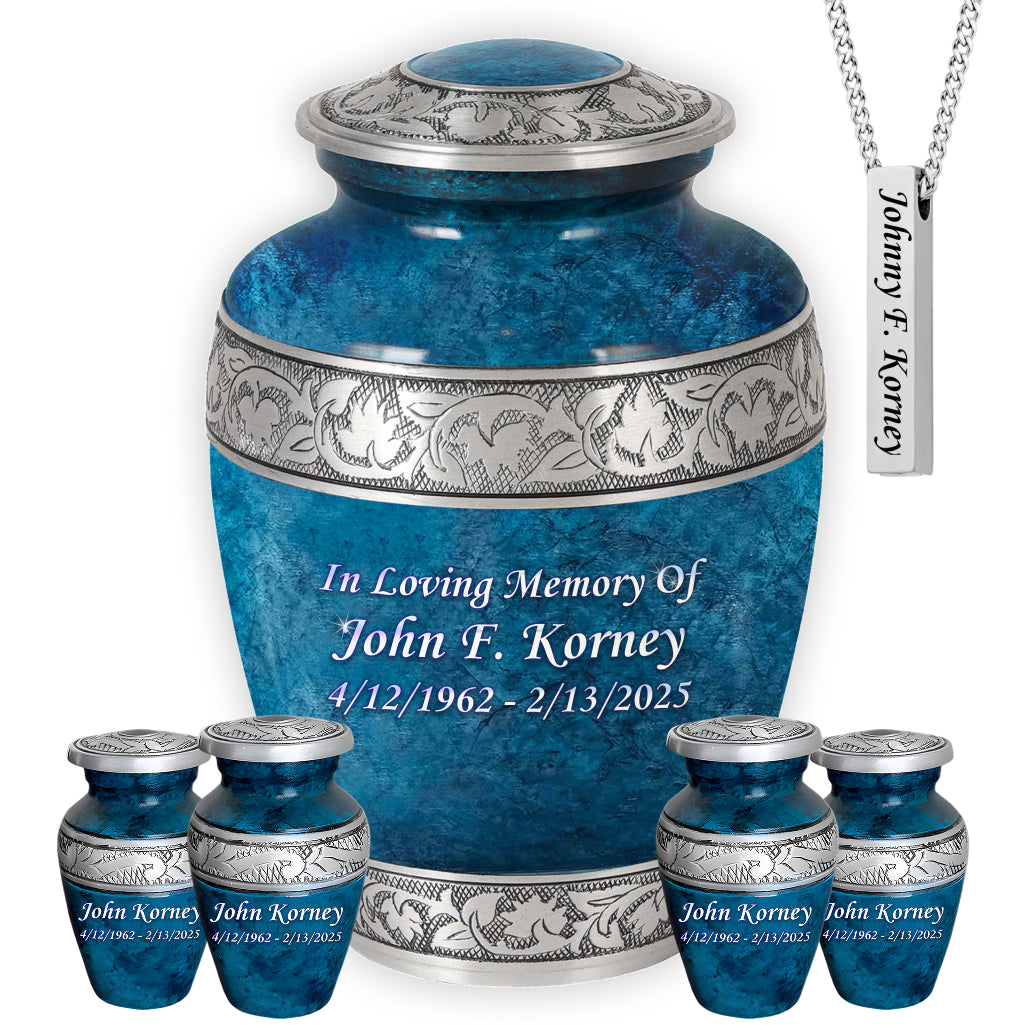 Blue Teal Marble & Silver Hand-Engraved Cremation Urn