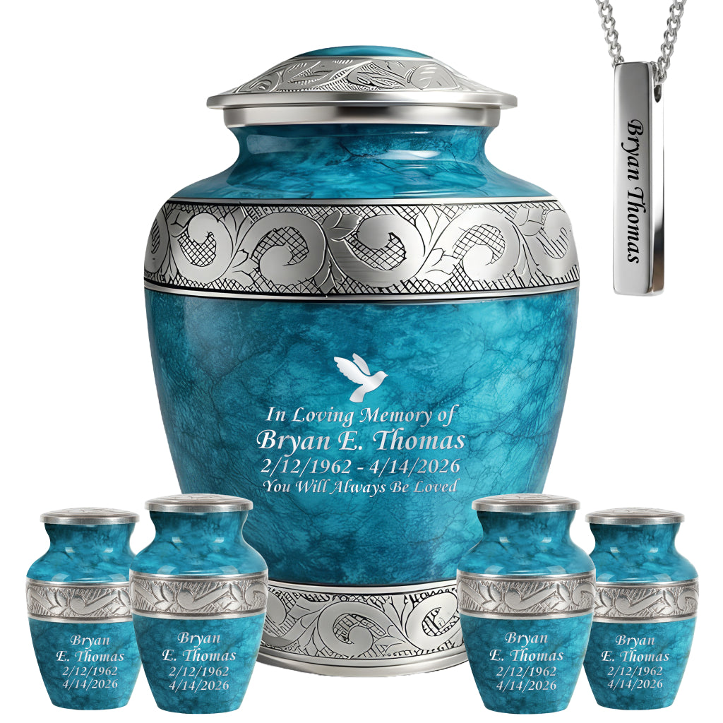 Blue Teal Marble & Silver Hand-Engraved Cremation Urn