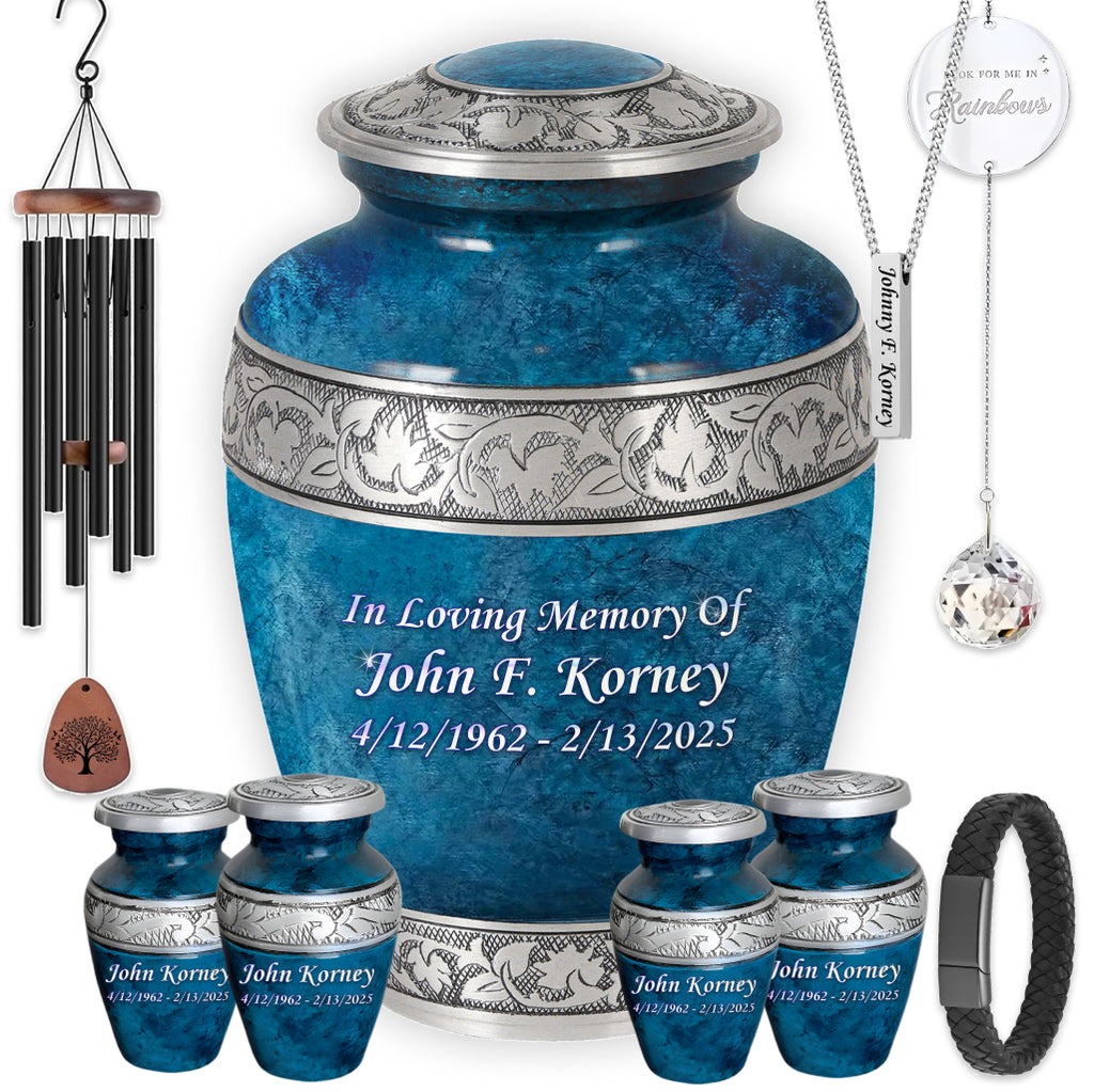 Blue Teal Marble & Silver Hand-Engraved Cremation Urn