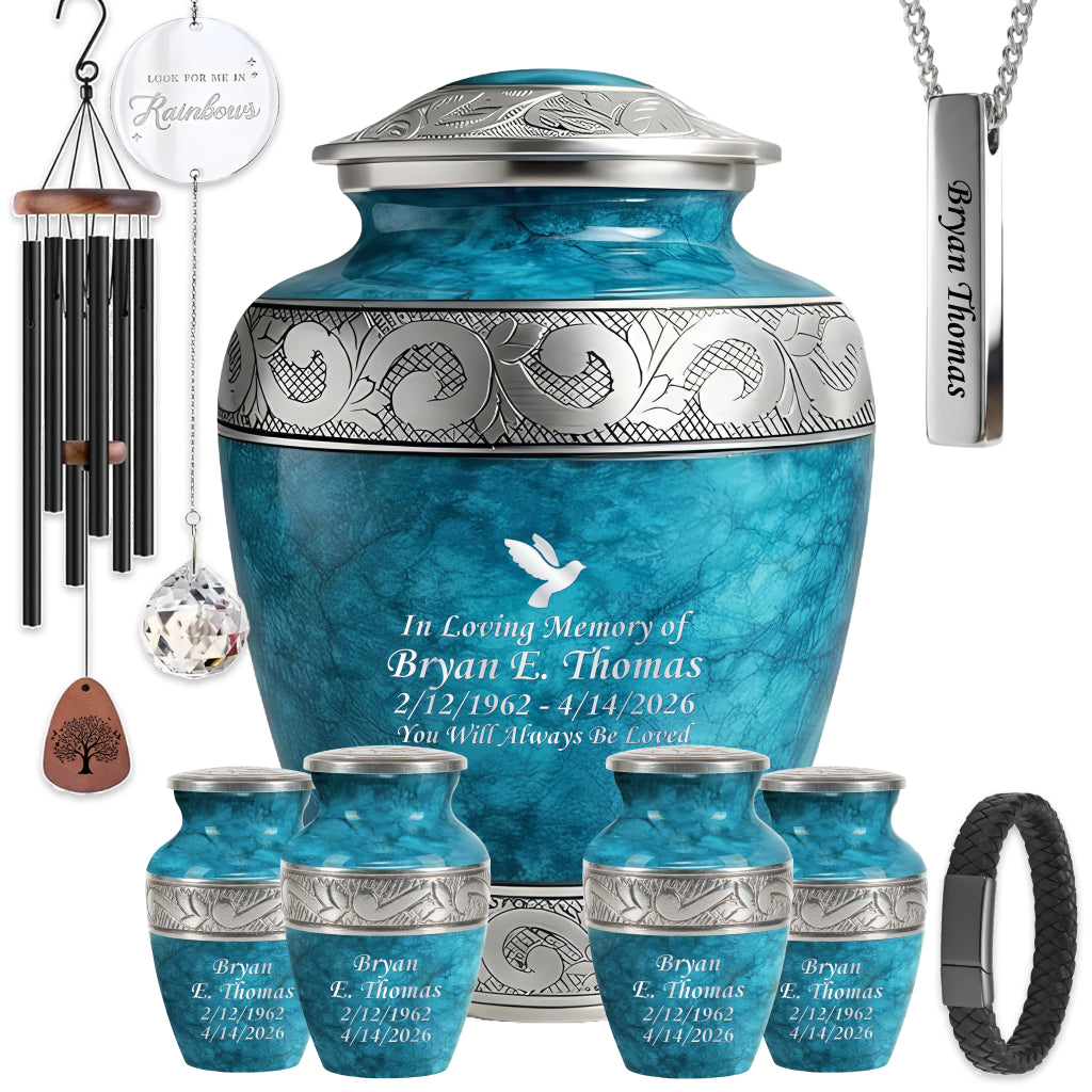 Blue Teal Marble & Silver Hand-Engraved Cremation Urn
