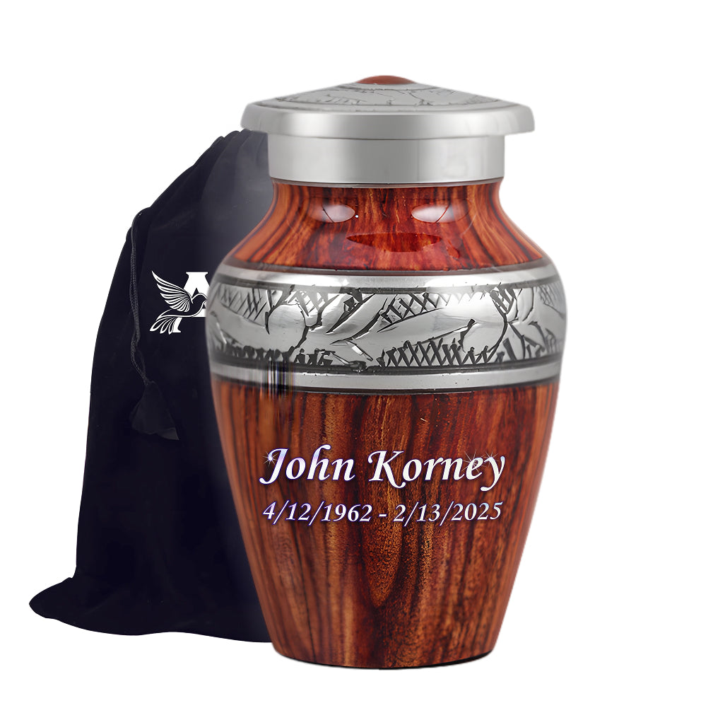Printed Wood & Silver Hand-Engraved Cremation Urn
