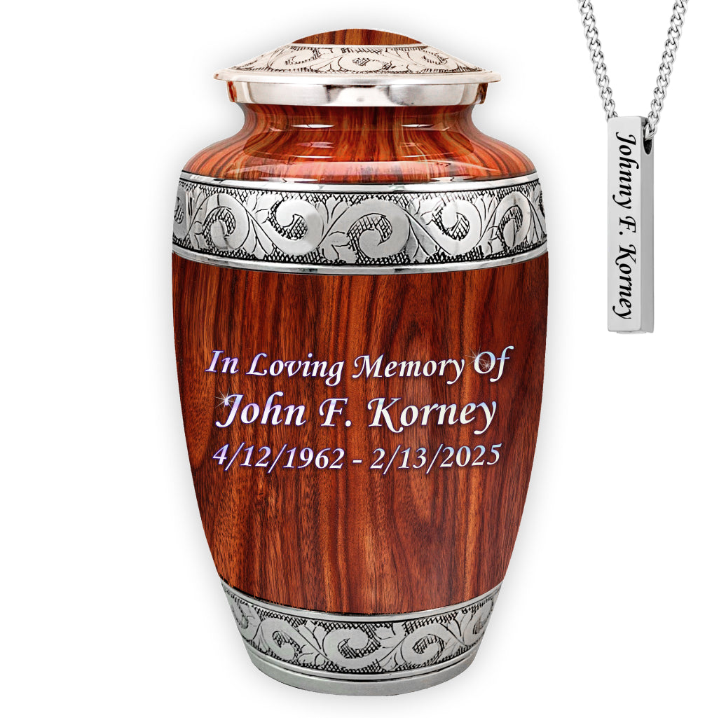 Printed Wood & Silver Hand-Engraved Cremation Urn