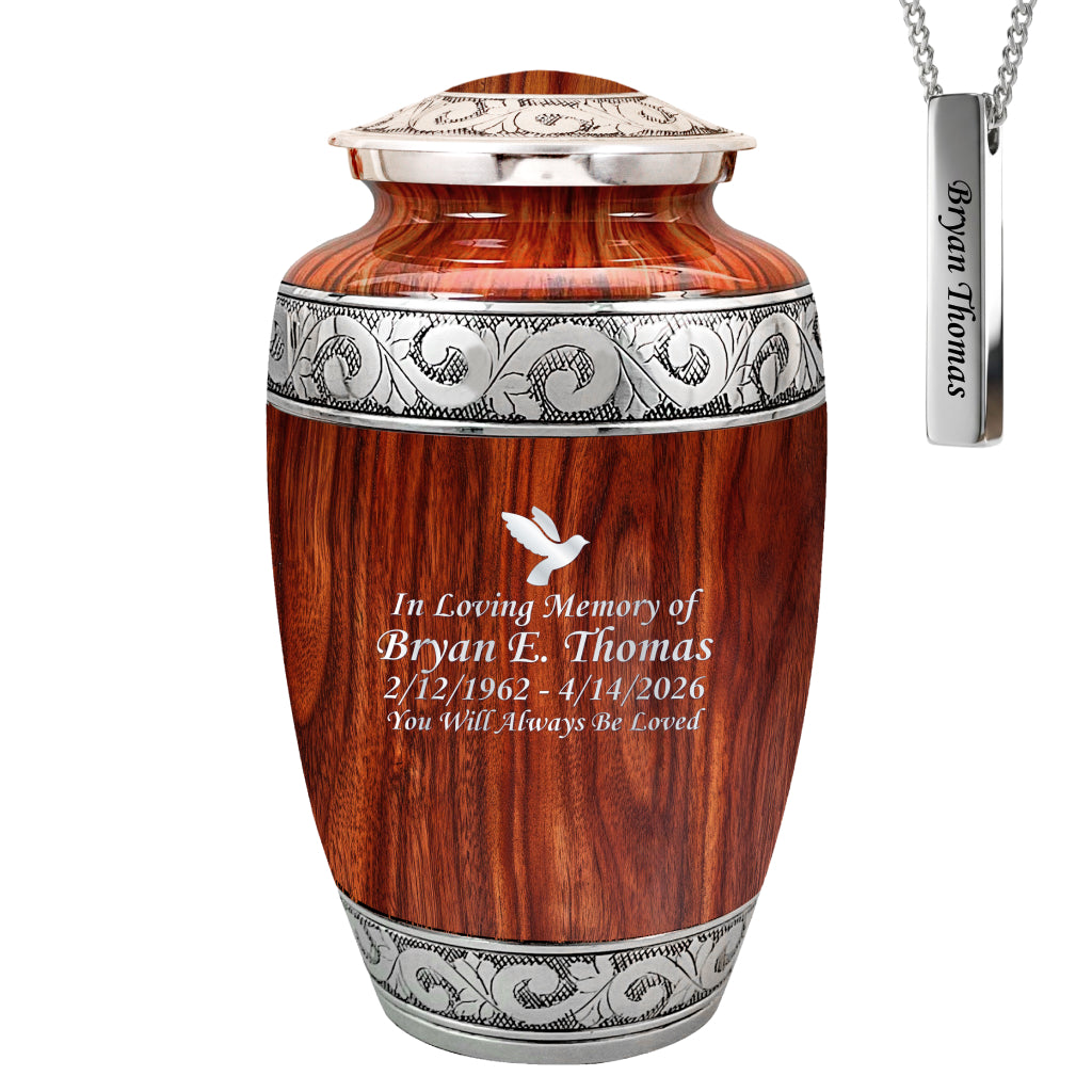 Printed Wood & Silver Hand-Engraved Cremation Urn