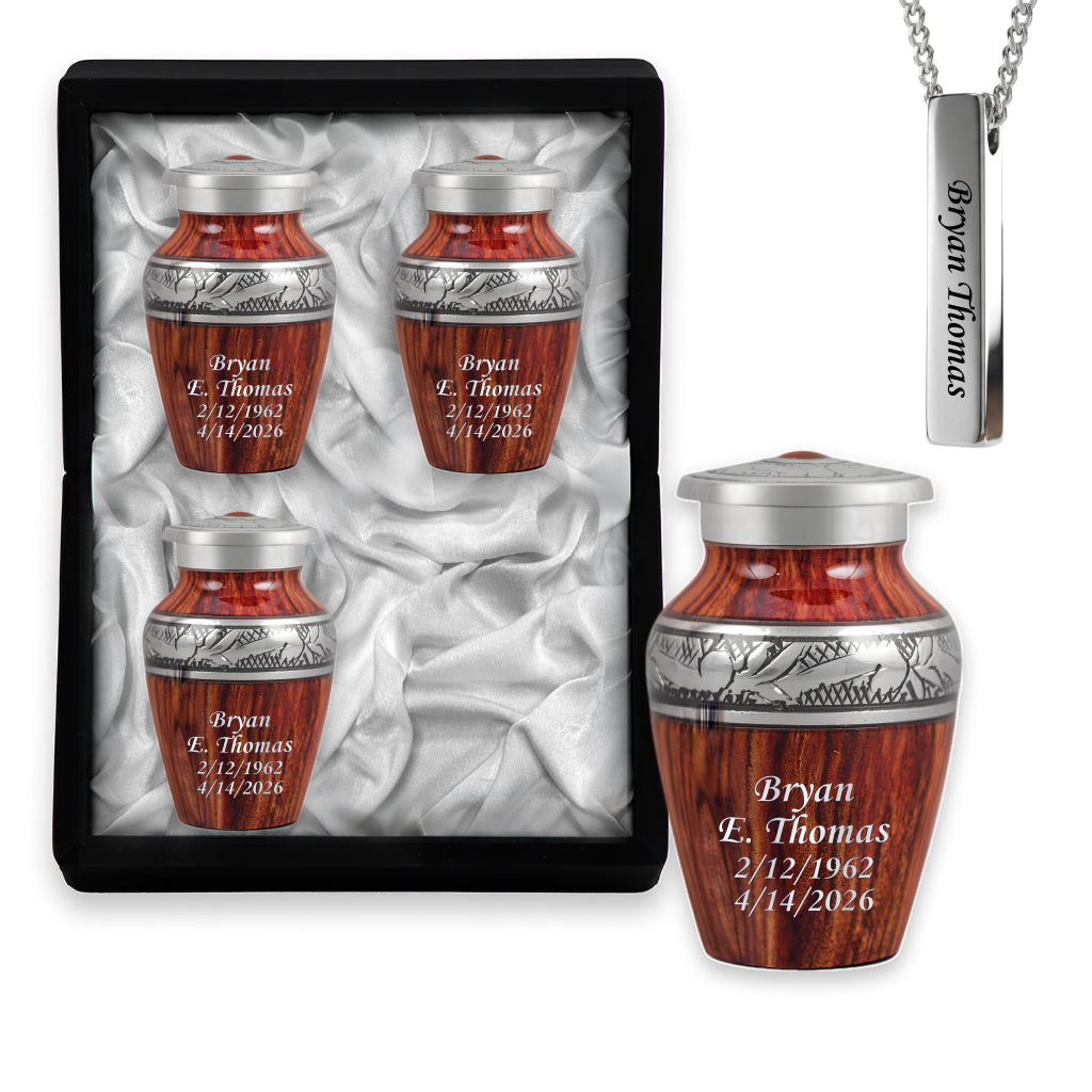 Printed Wood & Silver Hand-Engraved Cremation Urn