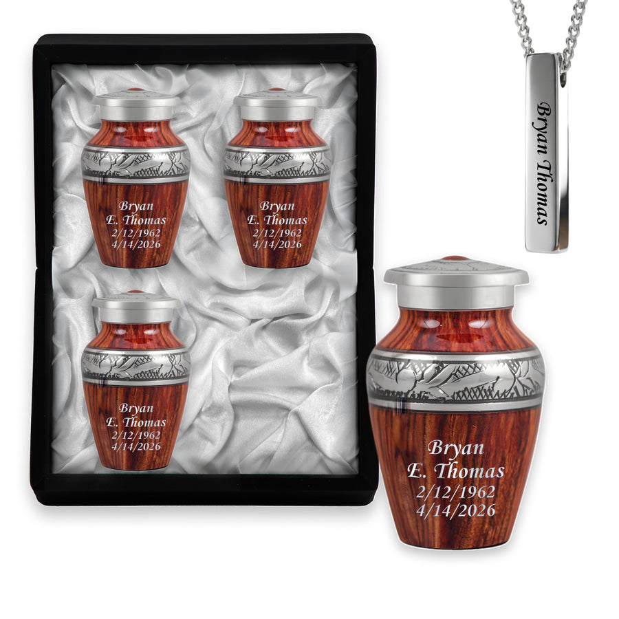 Printed Wood & Silver Hand-Engraved Cremation Urn
