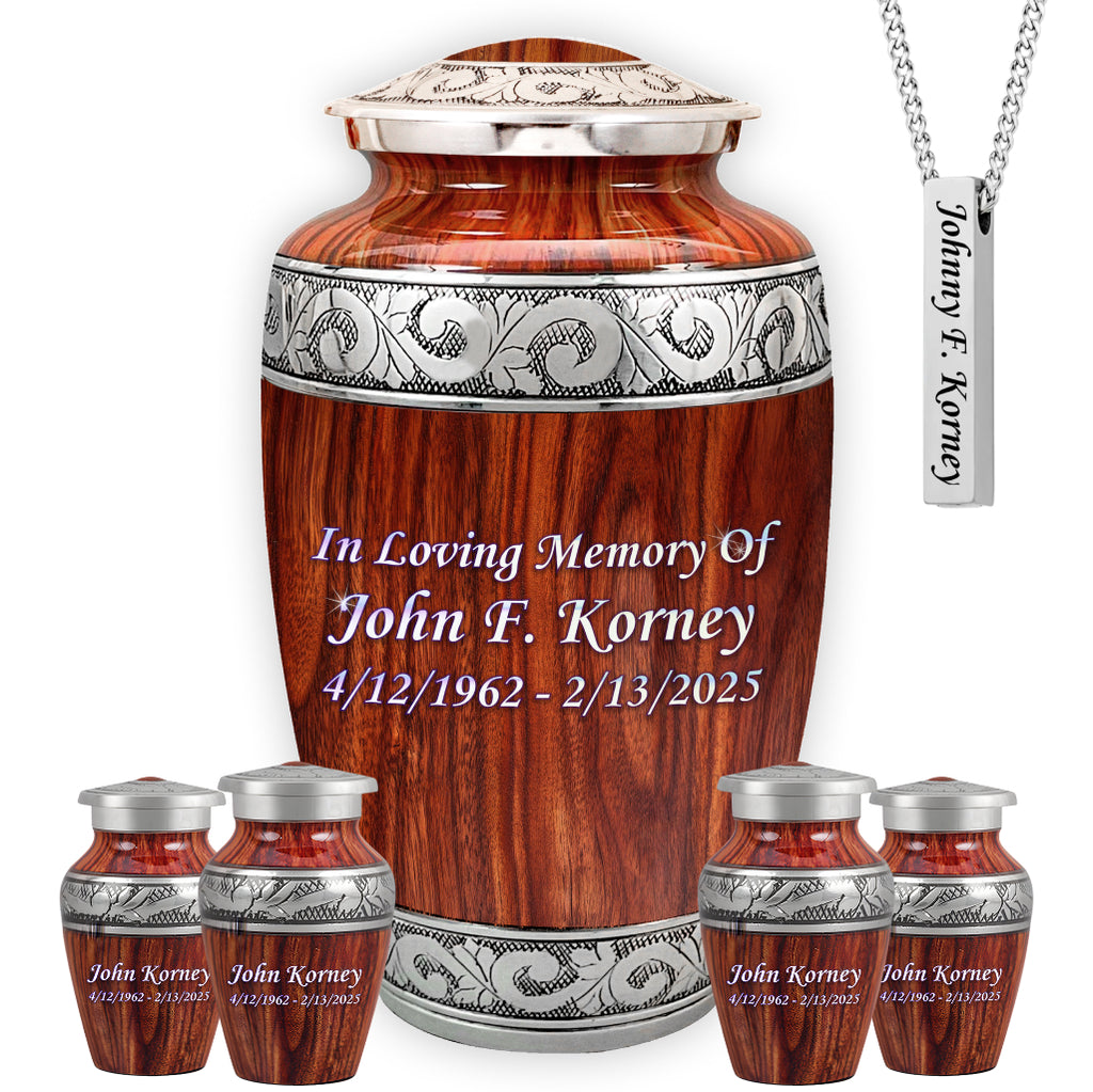 Printed Wood & Silver Hand-Engraved Cremation Urn