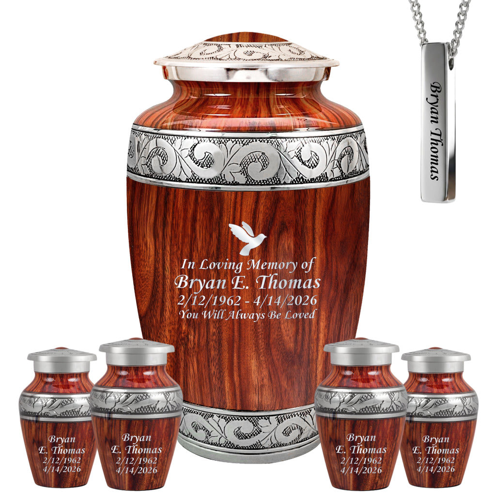 Printed Wood & Silver Hand-Engraved Cremation Urn